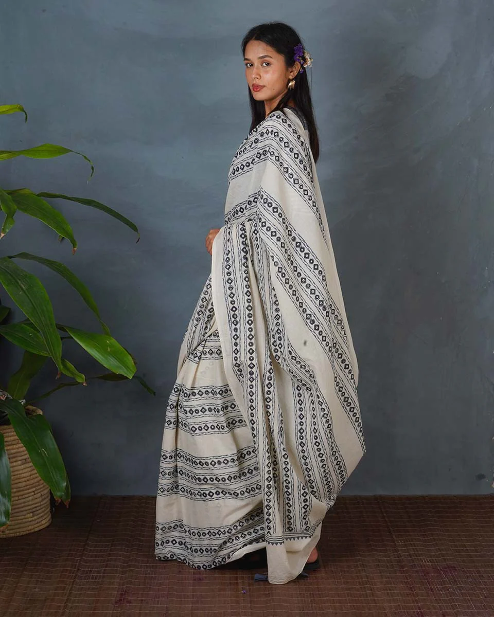 Sky Melt Ivory Block Printed Saree - BMS - Image 8