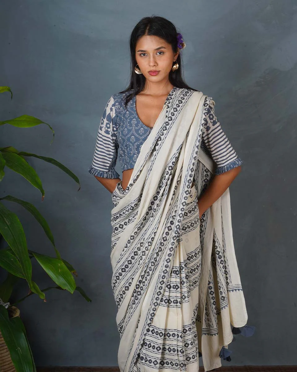 Sky Melt Ivory Block Printed Saree - BMS - Image 9