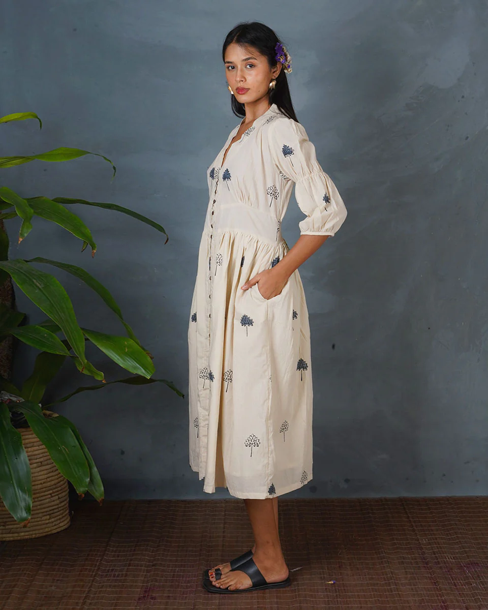 Sleepy Rainy Ivory Block Printed Dress - BMS - Image 5