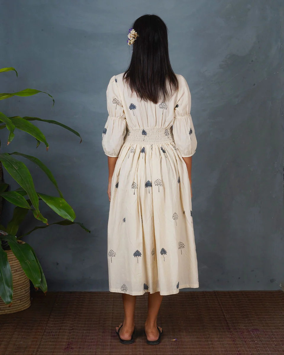 Sleepy Rainy Ivory Block Printed Dress - BMS - Image 6