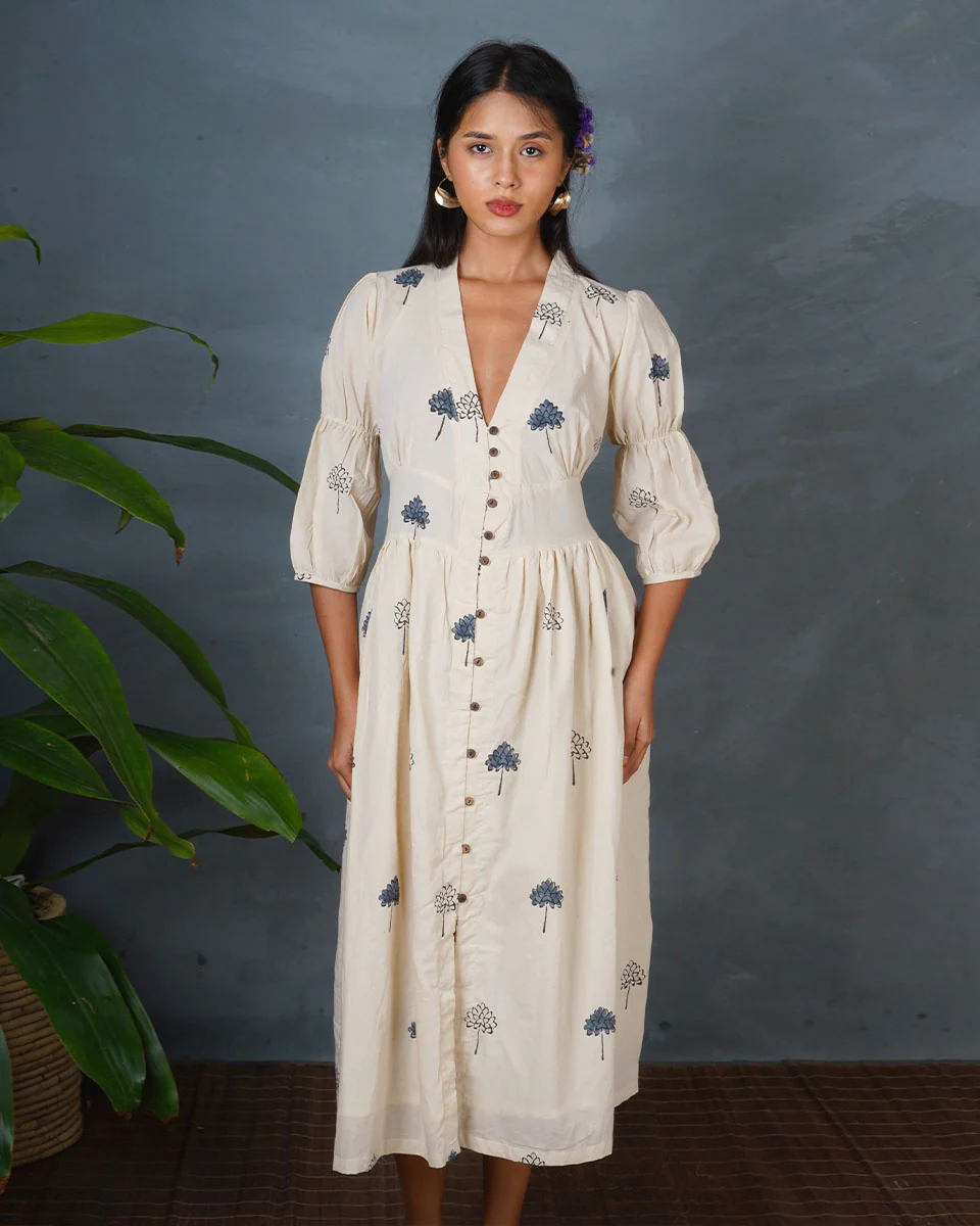 Sleepy Rainy Ivory Block Printed Dress - BMS - Image 7