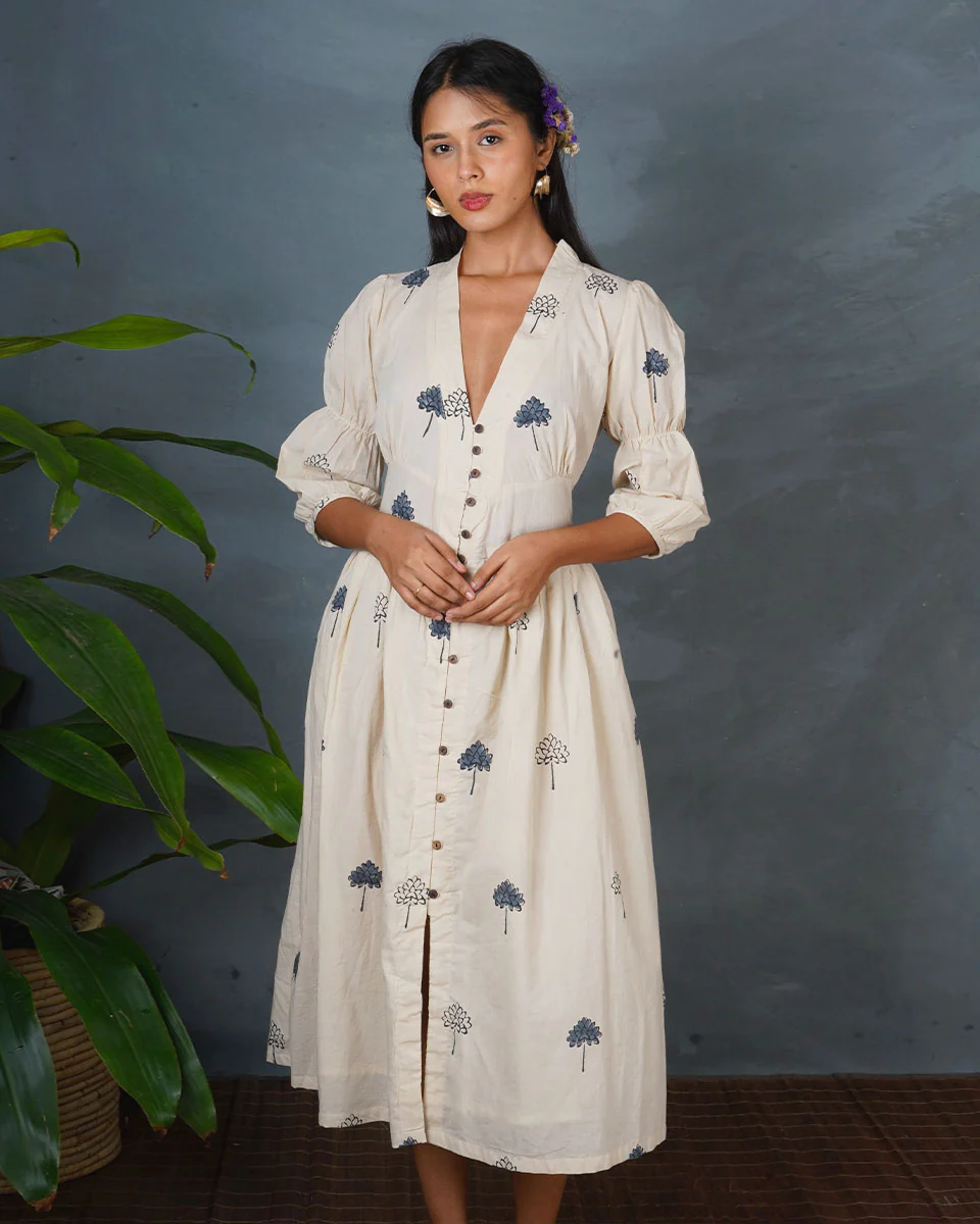Sleepy Rainy Ivory Block Printed Dress - BMS - Image 8