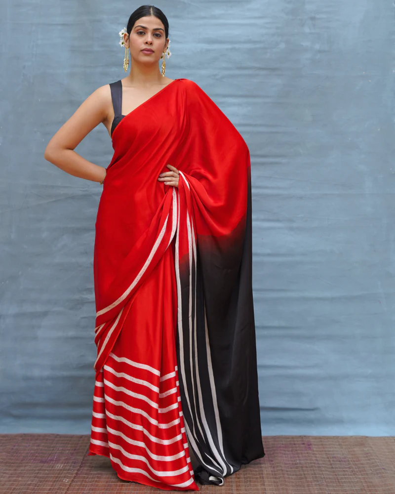 Soft Drift Red Handblock Print Modal Silk Saree - Flow - Image 7