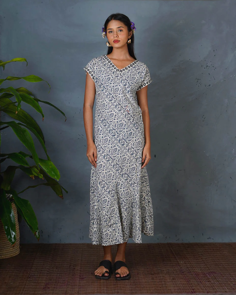 Soft Rainy Afternoon Grey Block Printed Cotton Dress - BMS