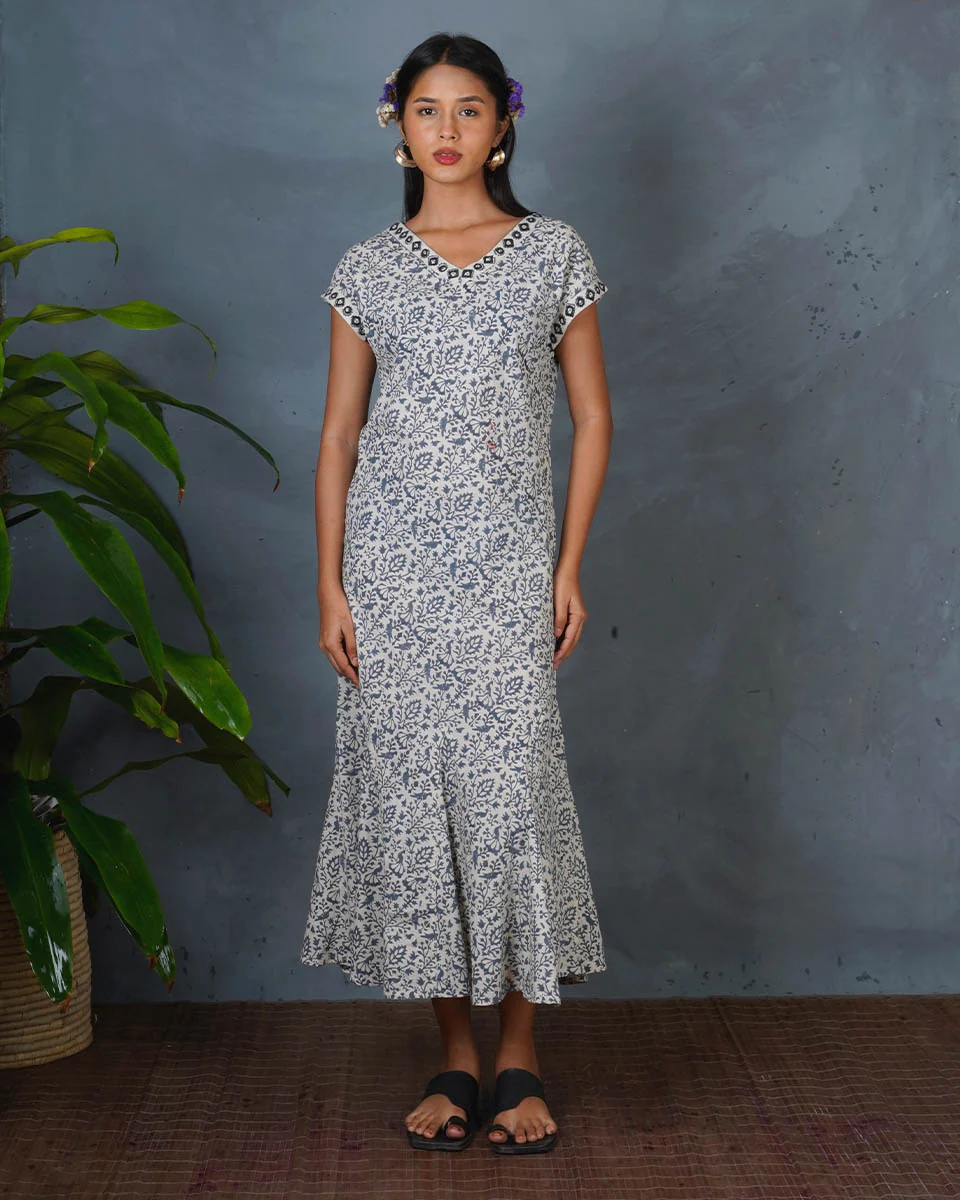 Soft Rainy Afternoon Grey Block Printed Cotton Dress - BMS - Image 2