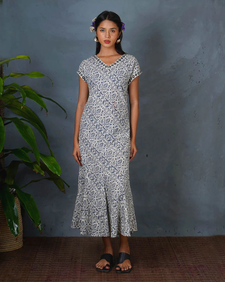 Soft Rainy Afternoon Grey Block Printed Cotton Dress - BMS - Image 3