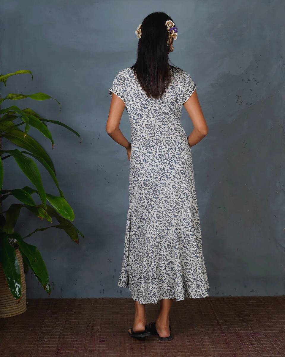 Soft Rainy Afternoon Grey Block Printed Cotton Dress - BMS - Image 6