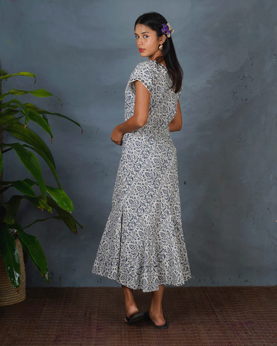 Soft Rainy Afternoon Grey Block Printed Cotton Dress - BMS - Image 7