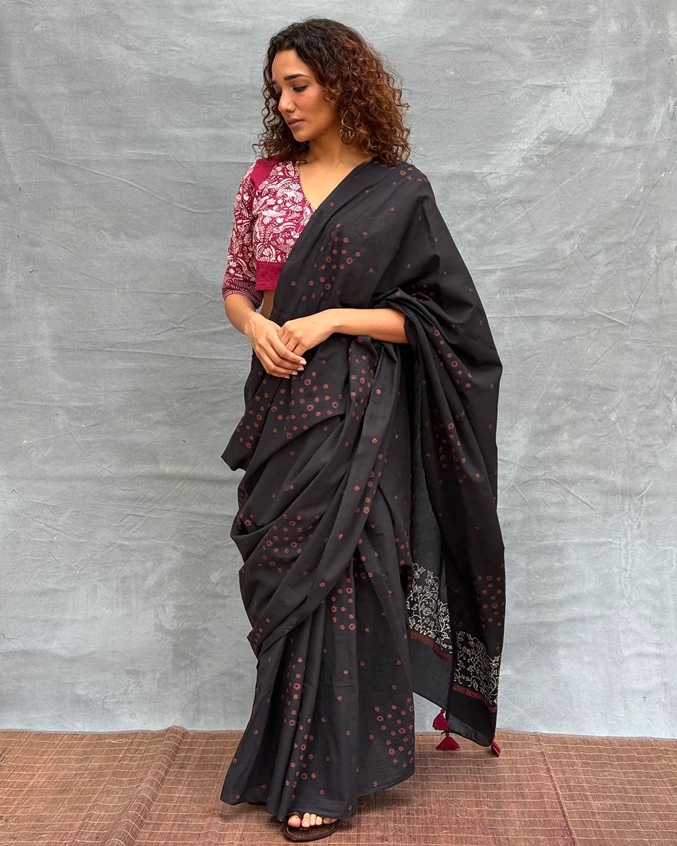 Song of Soil Black Block printed Cotton Saree - Image 2