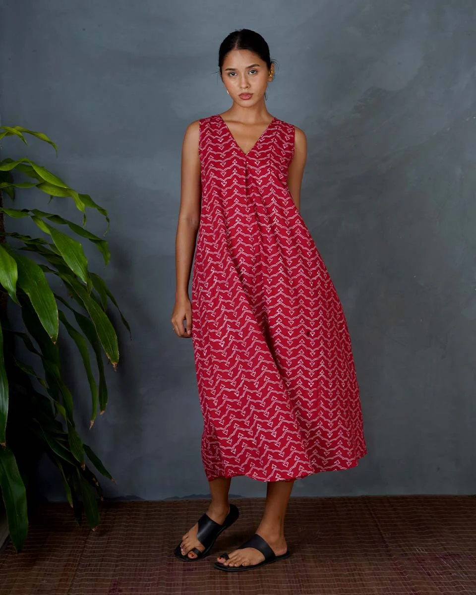 Sparshika Red Hand Block Printed Cotton Dress-MYA - Image 6