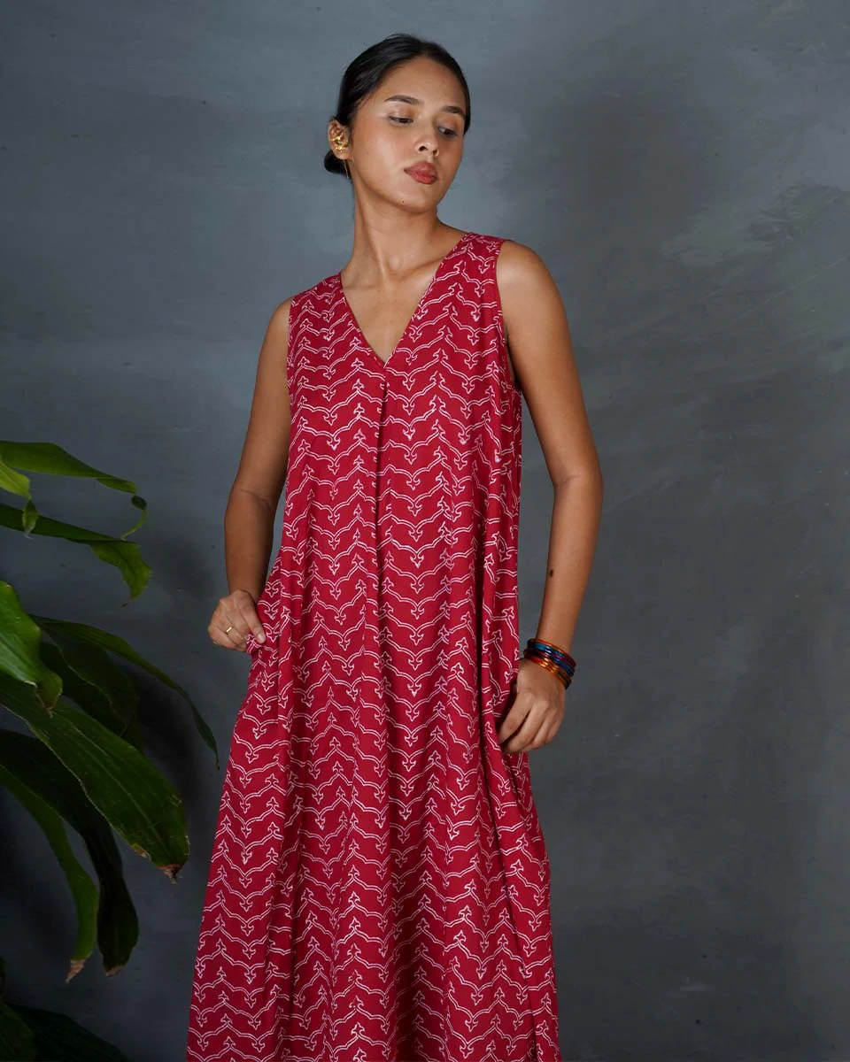Sparshika Red Hand Block Printed Cotton Dress-MYA - Image 7