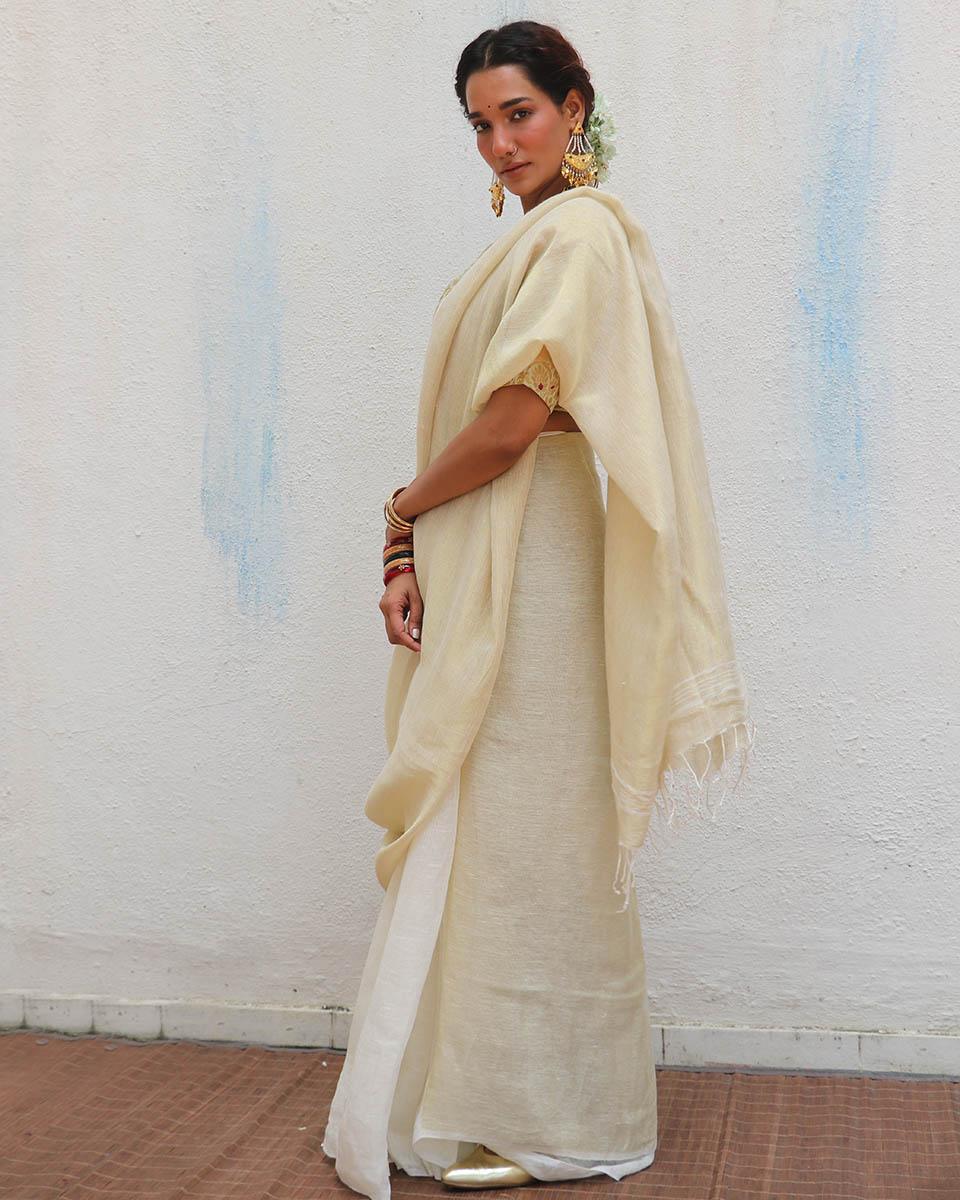 Sreeja Handwoven Linen Zari Saree - Onam - Image 2