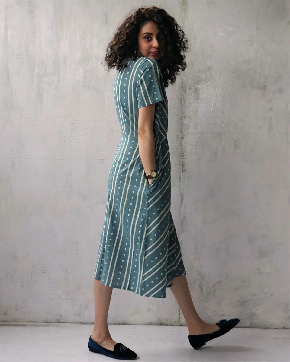 Steel Blue Blockprinted Cotton Dress - Image 2
