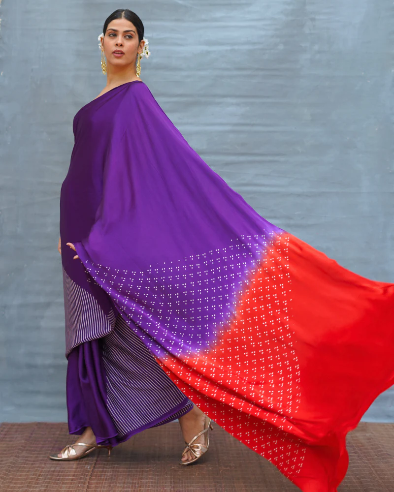 Still Current Purple Handblock Print Modal Silk Saree - Flow - Image 15