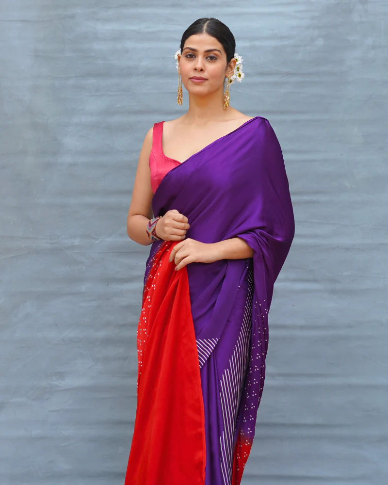 Still Current Purple Handblock Print Modal Silk Saree - Flow - Image 2