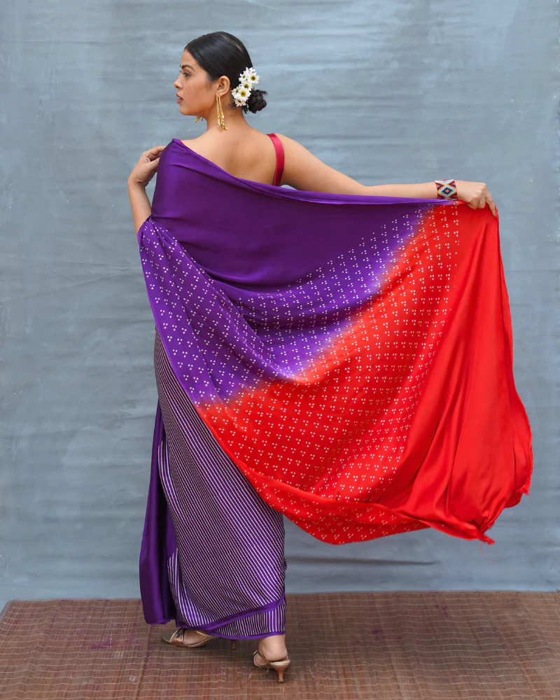 Still Current Purple Handblock Print Modal Silk Saree - Flow - Image 4