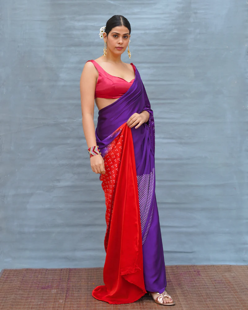 Still Current Purple Handblock Print Modal Silk Saree - Flow - Image 6