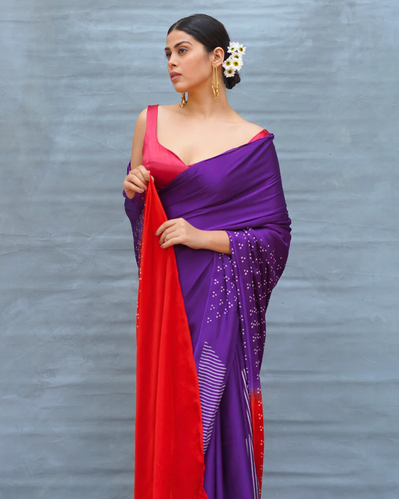 Still Current Purple Handblock Print Modal Silk Saree - Flow - Image 7