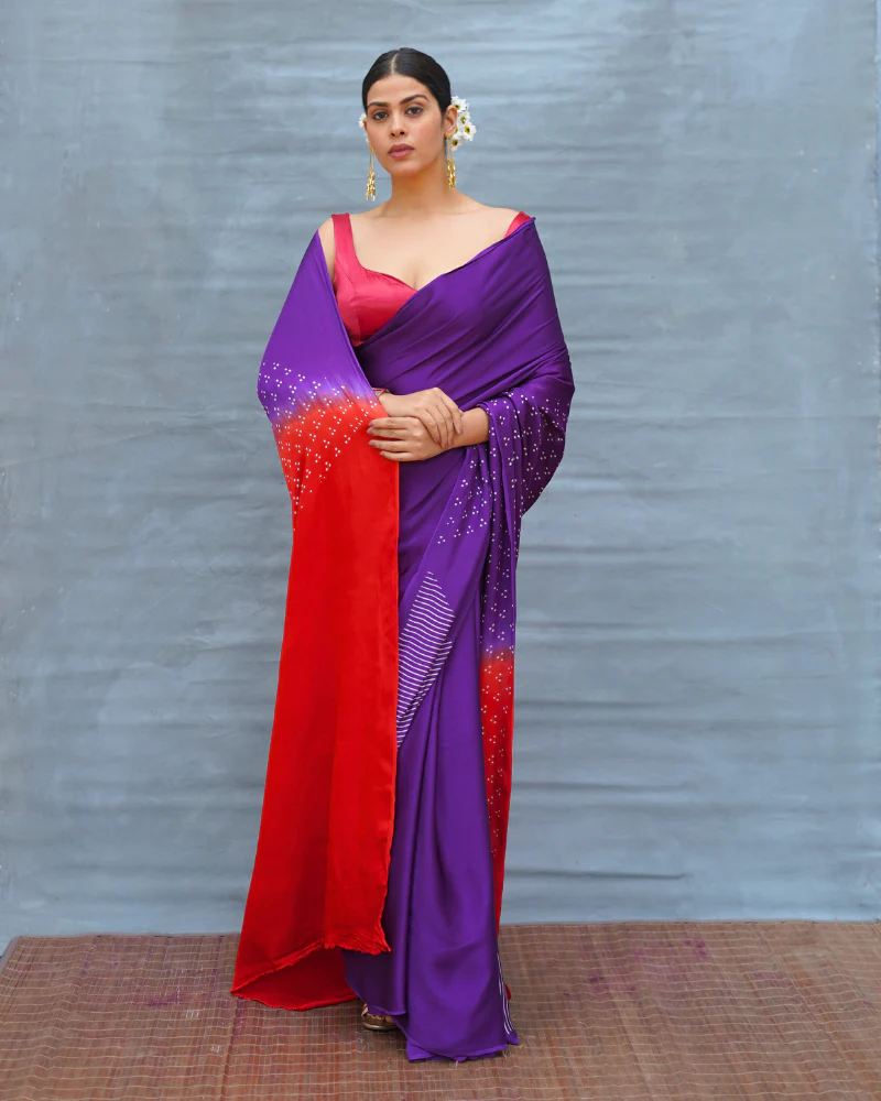Still Current Purple Handblock Print Modal Silk Saree - Flow - Image 8