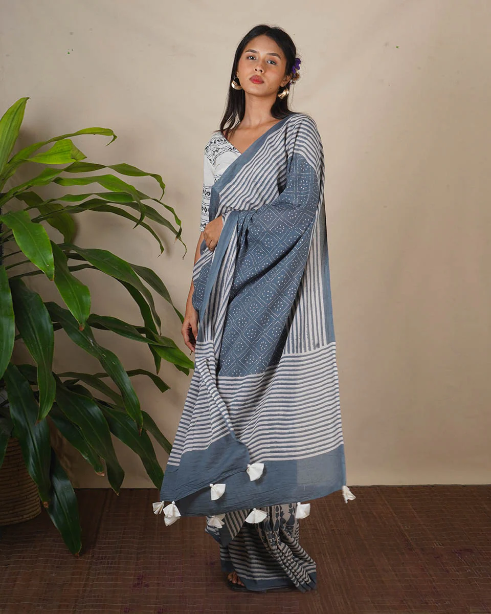 Stone Hush Grey Block Printed Saree - BMS - Image 11