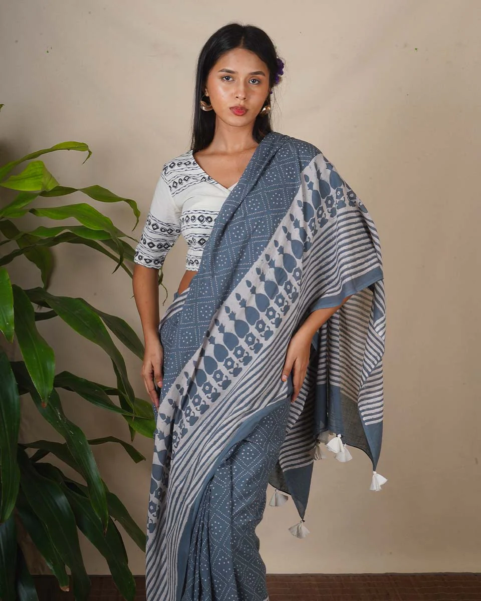 Stone Hush Grey Block Printed Saree - BMS - Image 12
