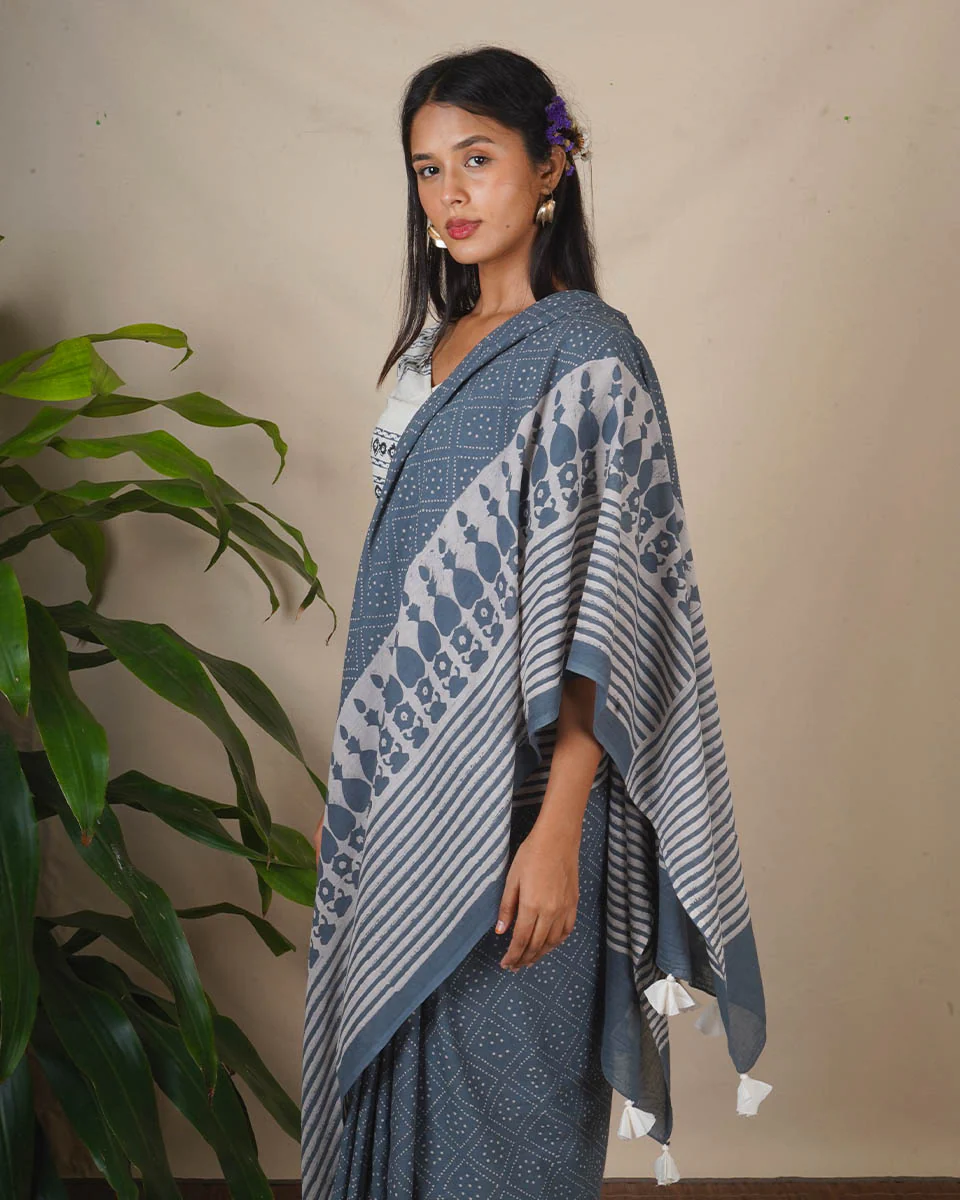 Stone Hush Grey Block Printed Saree - BMS - Image 2