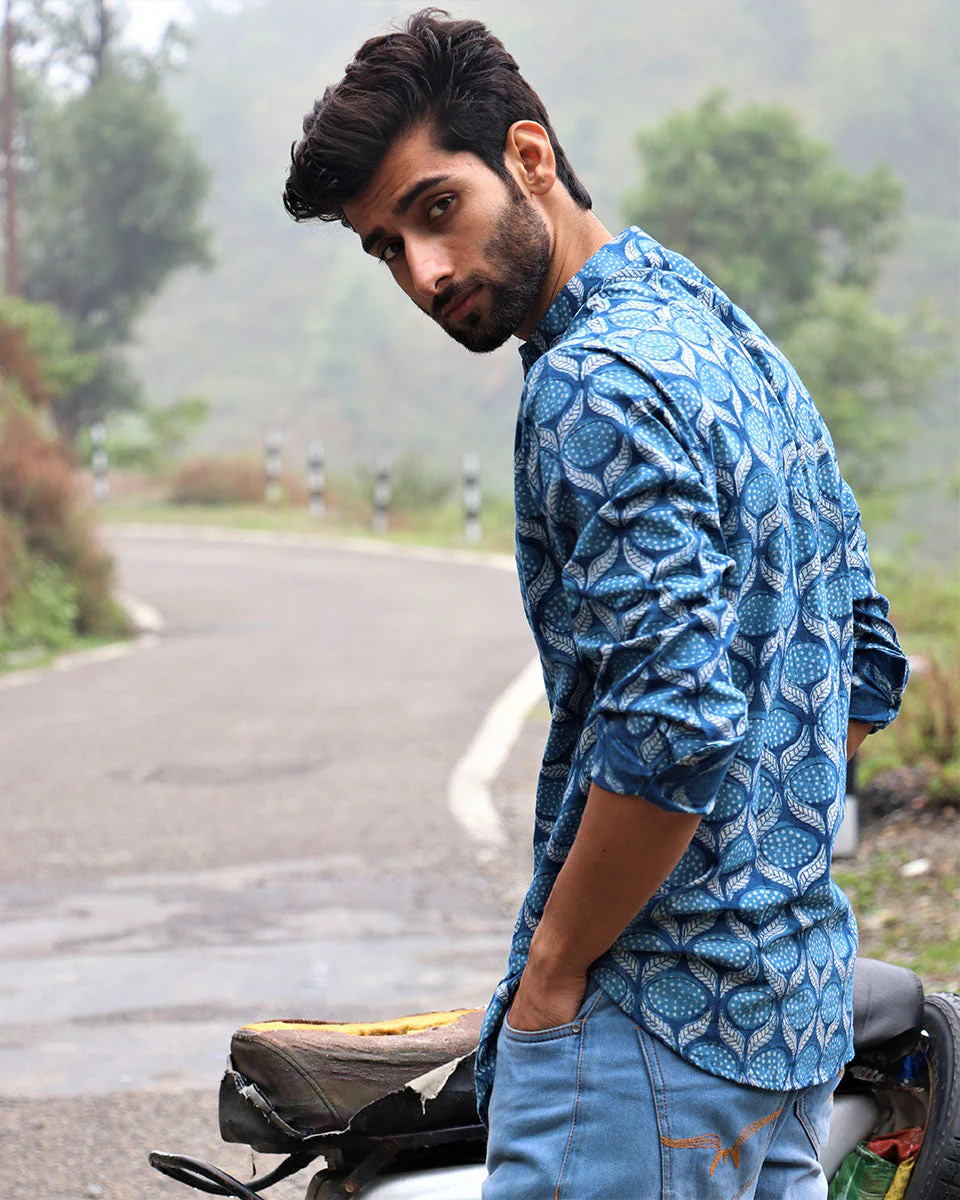 Summer Blue Block Printed Cotton Shirt - Image 5