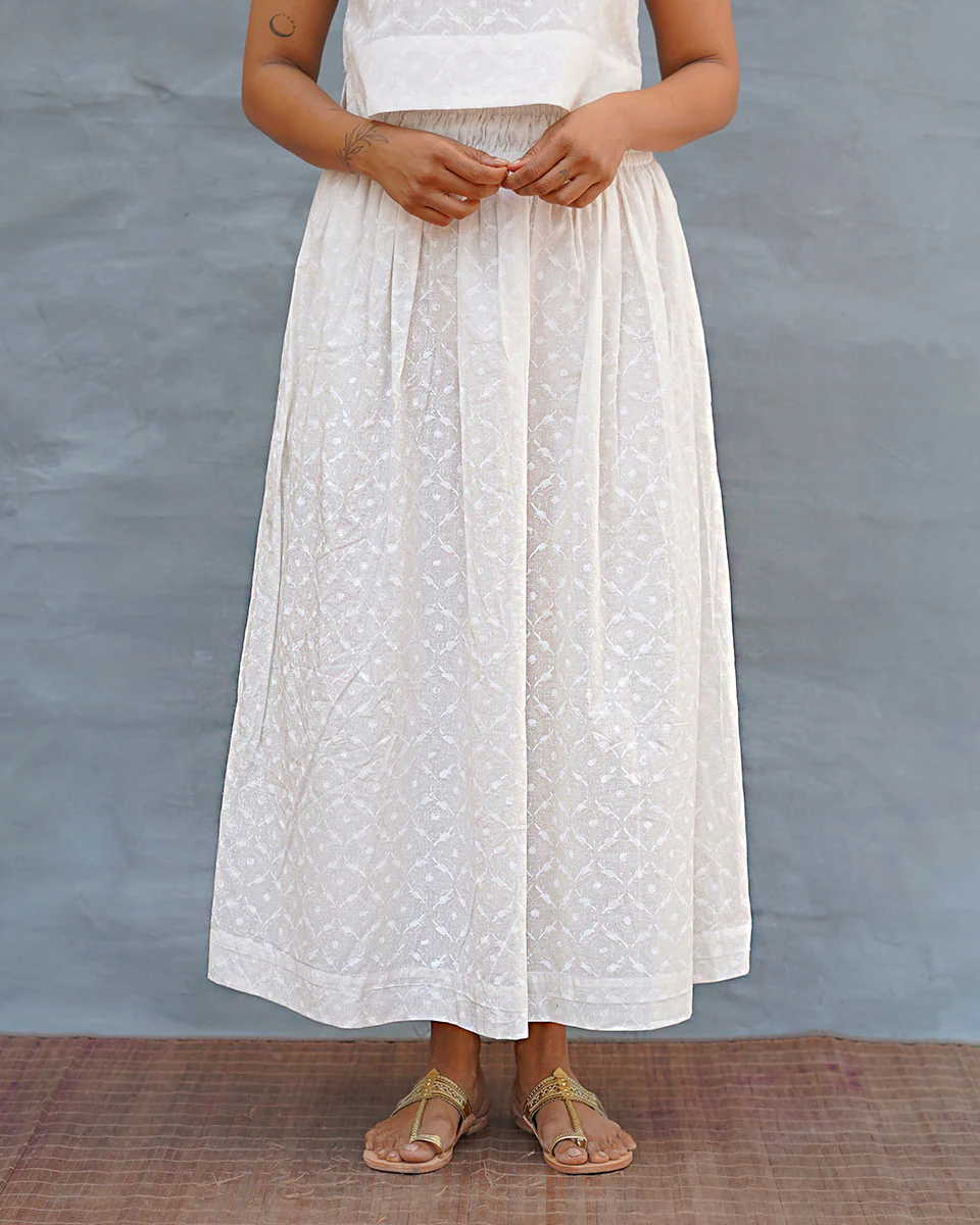 Summer Haze White Handblock Print Cotton Skirt - Safed