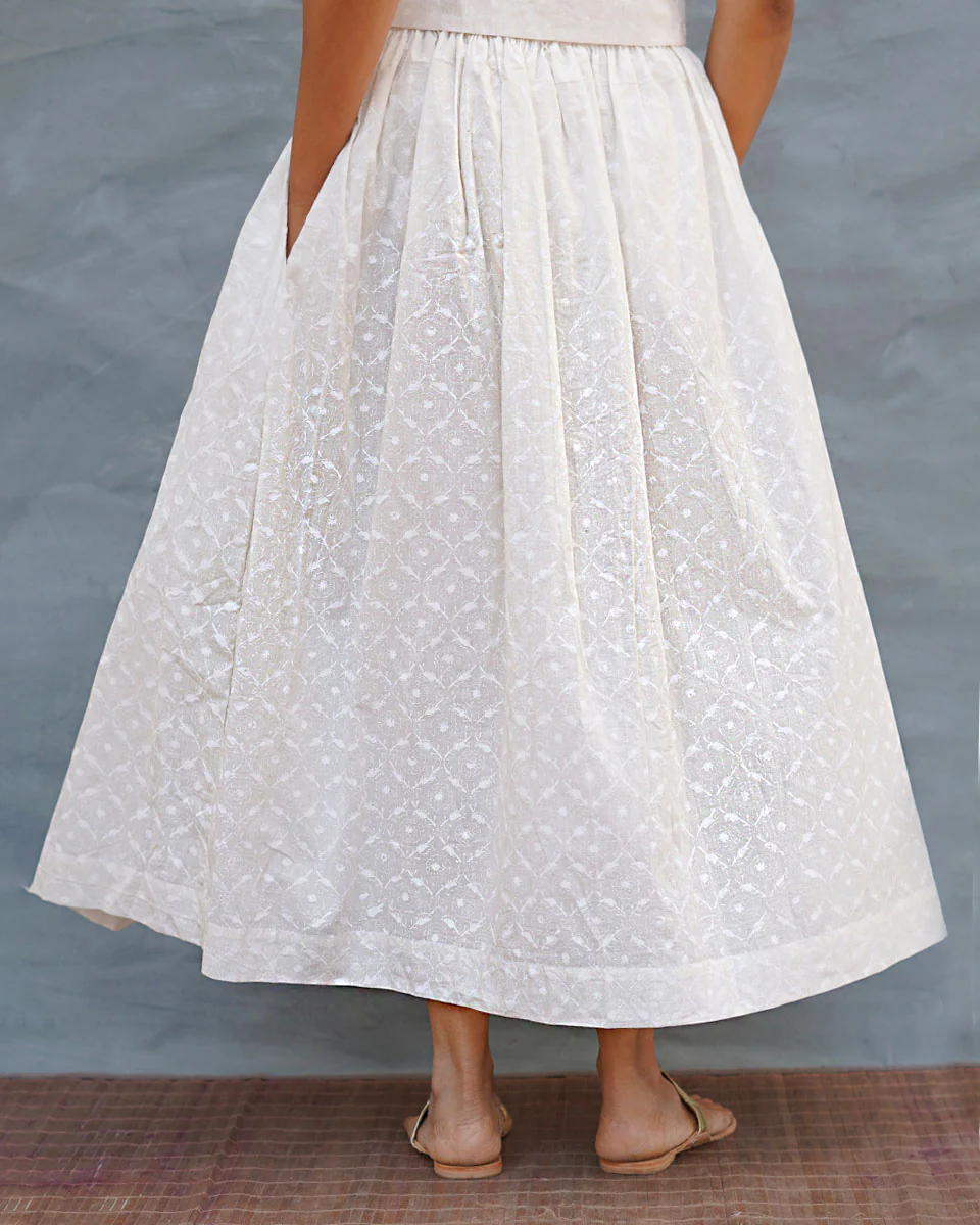 Summer Haze White Handblock Print Cotton Skirt - Safed - Image 2