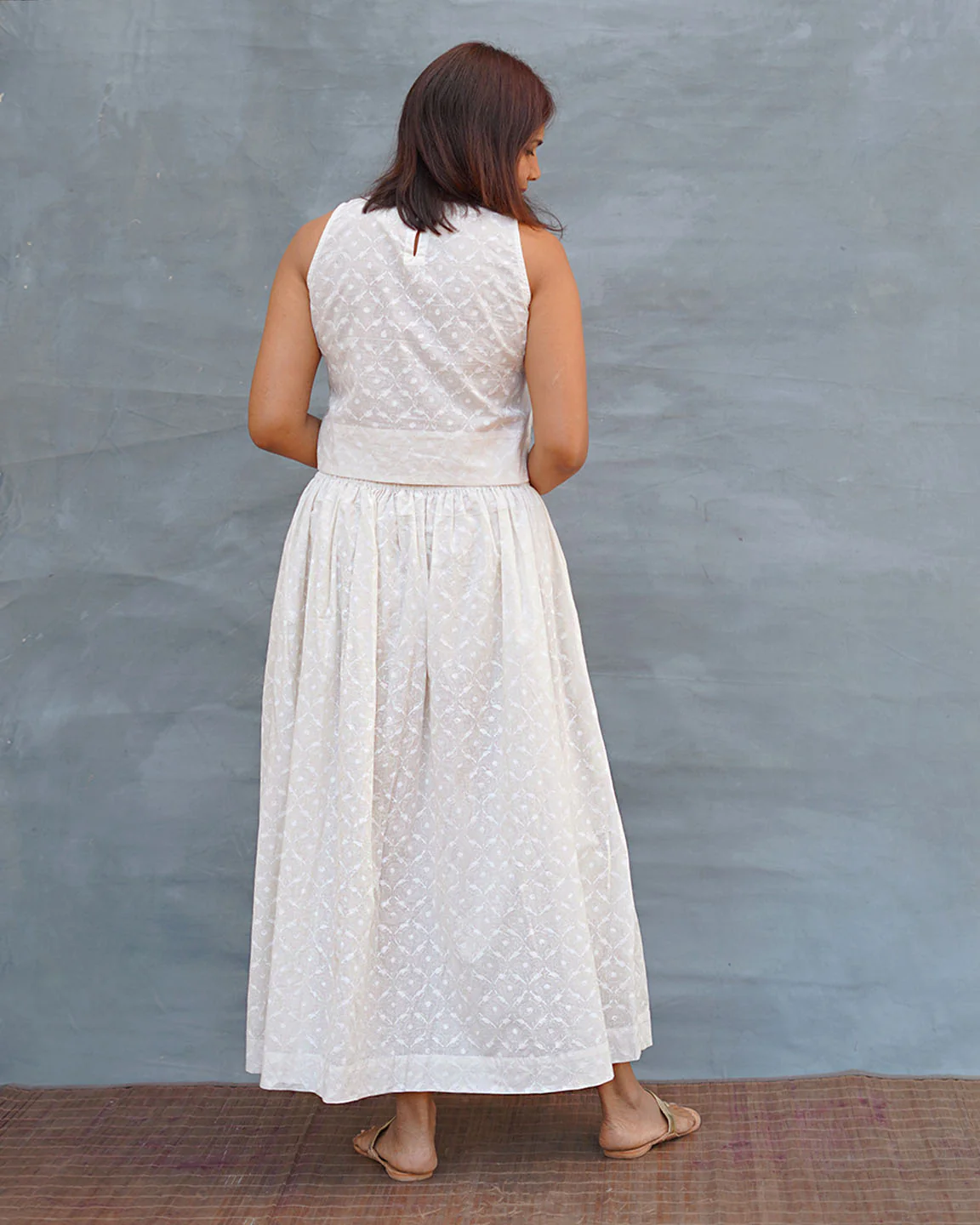 Summer Haze White Handblock Print Cotton Skirt - Safed - Image 3