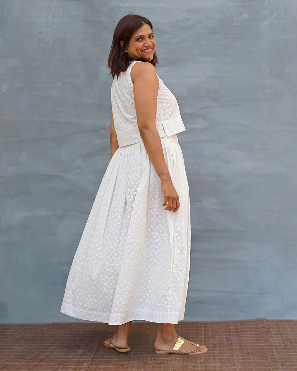 Summer Haze White Handblock Print Cotton Skirt - Safed - Image 8