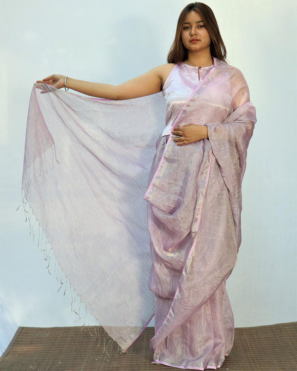 Surmayi Lavender Handwoven Linen Saree- Melting Moon - Image 8