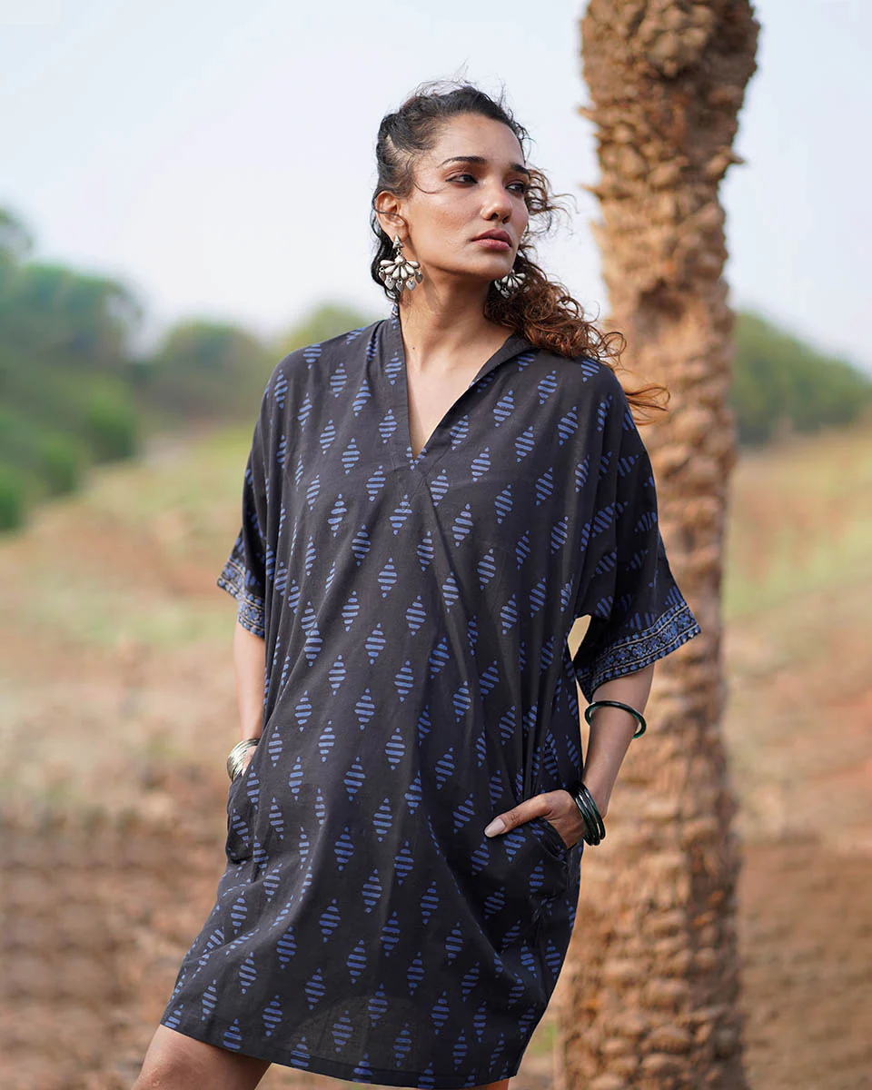 Swaying Silence Blockprinted Cotton Dress-WWB - Image 2