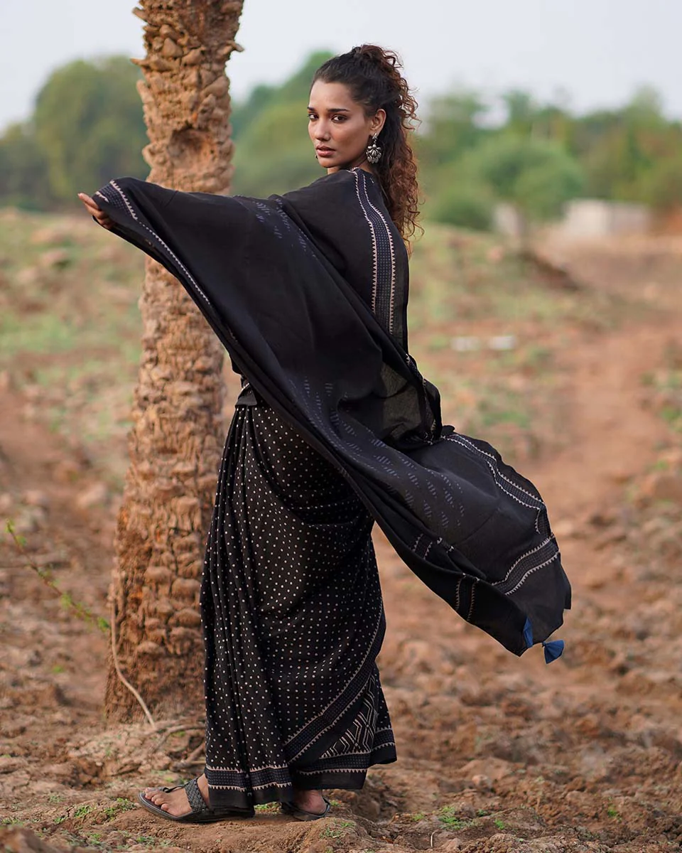 Sweet Jasmine Blockprinted Cotton Saree-WWB - Image 8