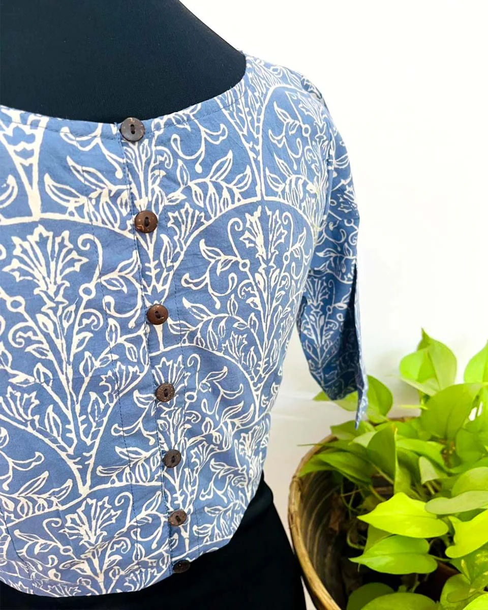 TanaBana Blue Handblock Print Cotton Blouse - Noor - Image 2