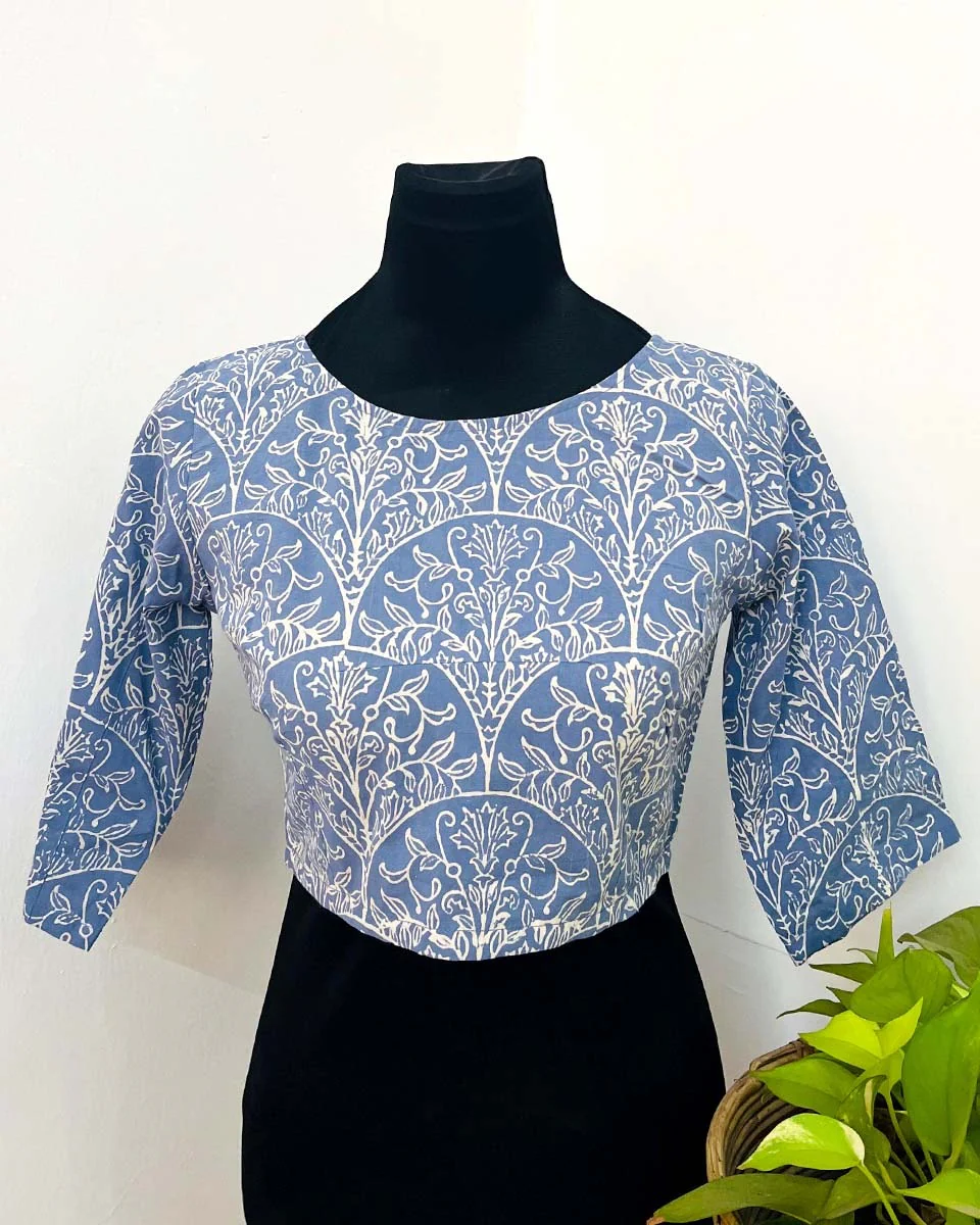 TanaBana Blue Handblock Print Cotton Blouse - Noor - Image 4