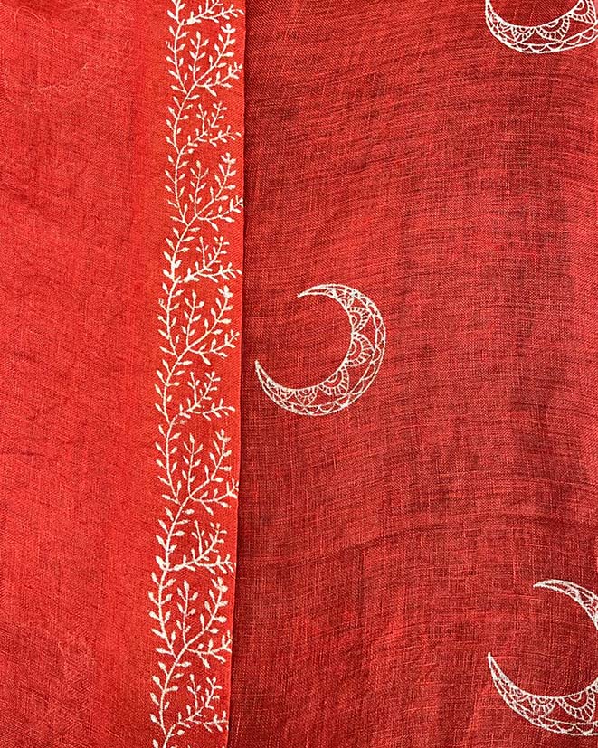 Taraani Red Handblock Linen Saree - TARA - Image 10