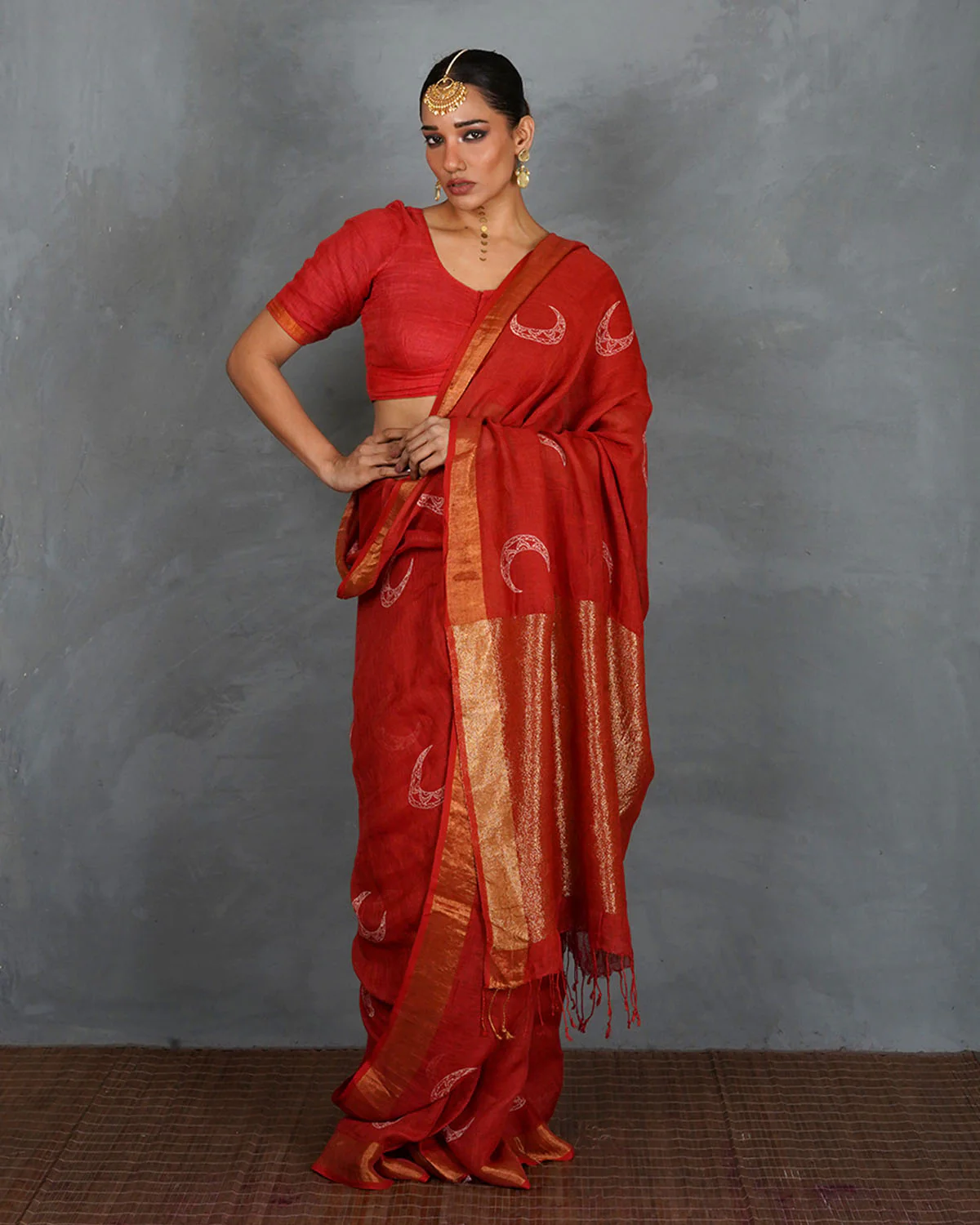 Taraani Red Handblock Linen Saree - TARA - Image 2