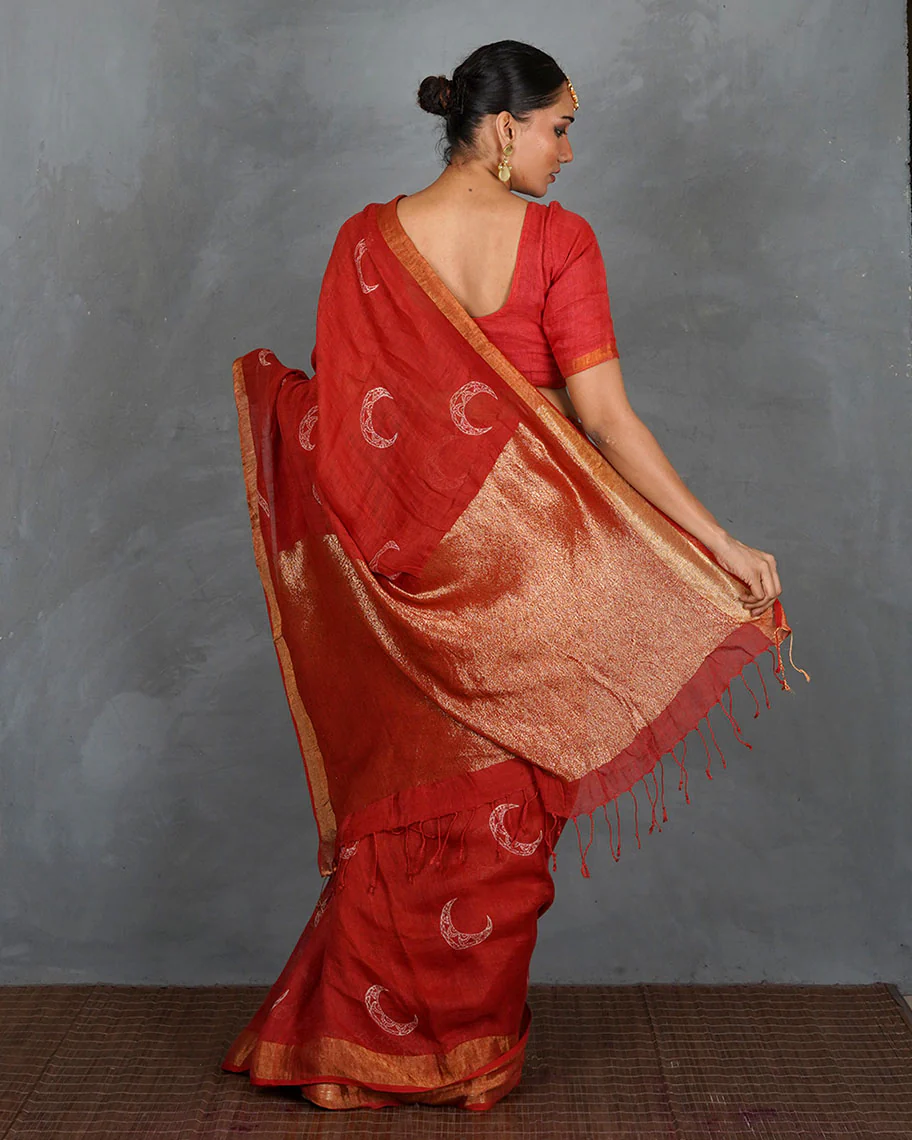 Taraani Red Handblock Linen Saree - TARA - Image 3