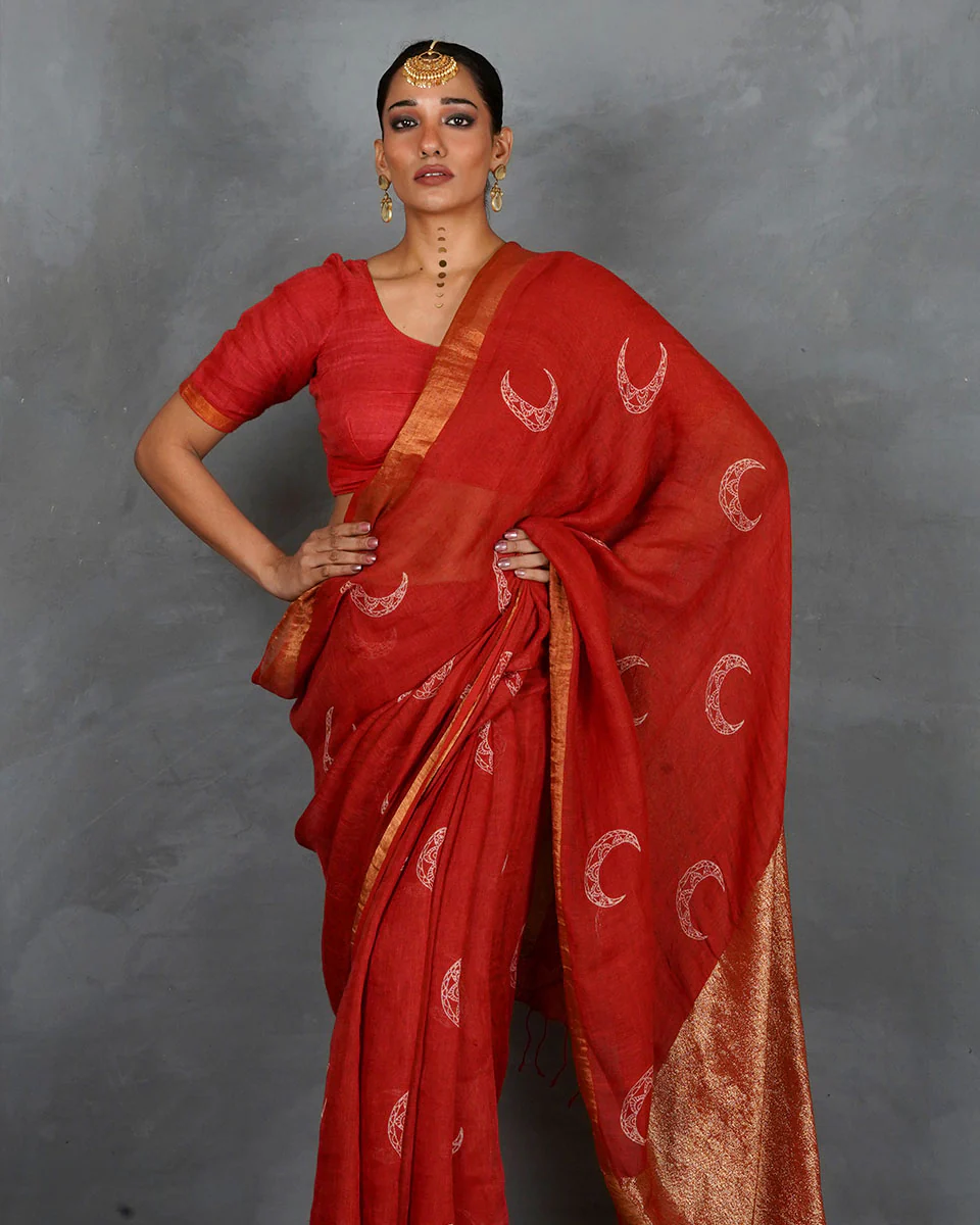 Taraani Red Handblock Linen Saree - TARA - Image 4