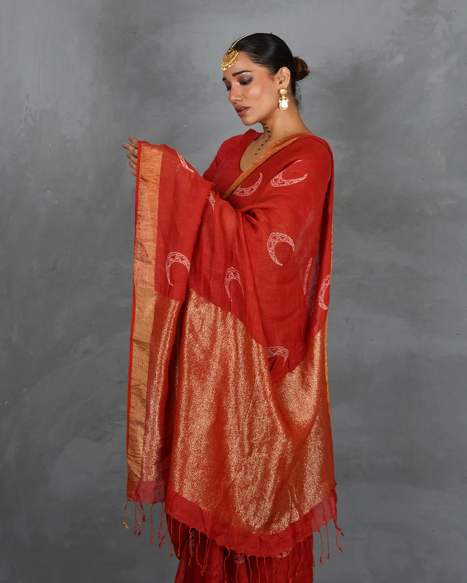 Taraani Red Handblock Linen Saree - TARA - Image 5