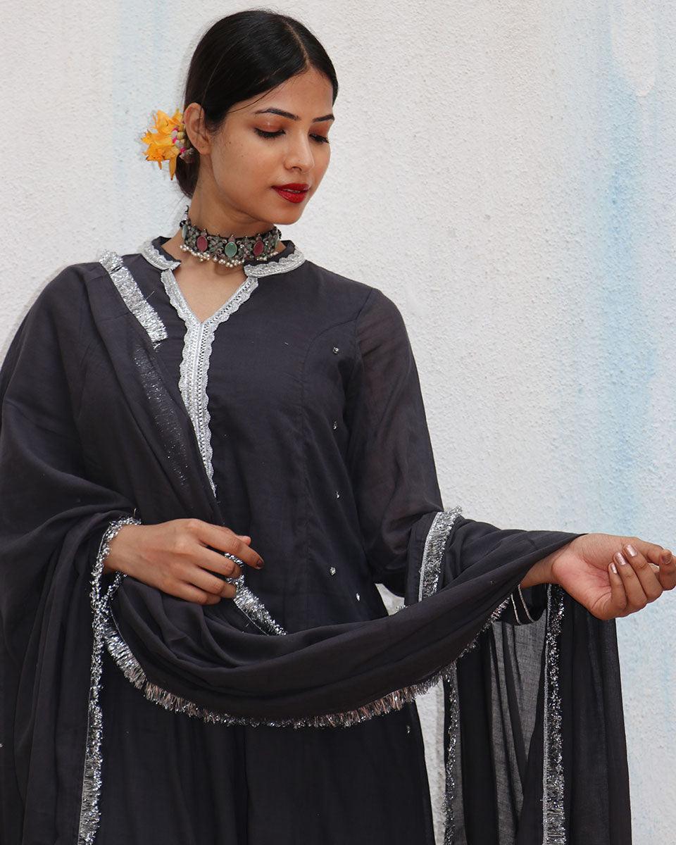Tej Black Mulmul Cotton Kurta Set with Dupatta Set of 3 - Jugnoo - Image 4