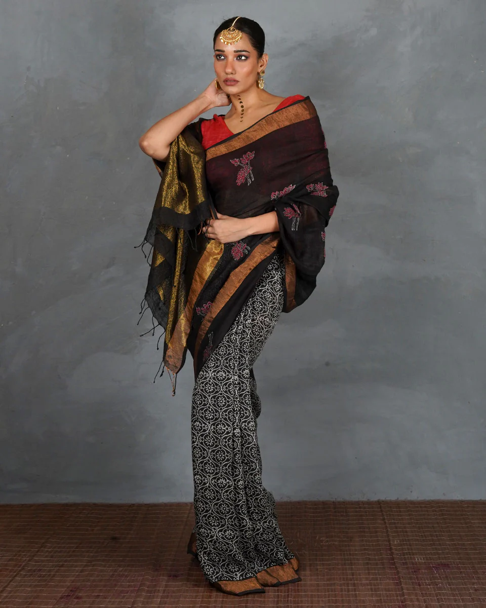 Tejasvi Black Handblock Linen Saree - TARA - Image 3