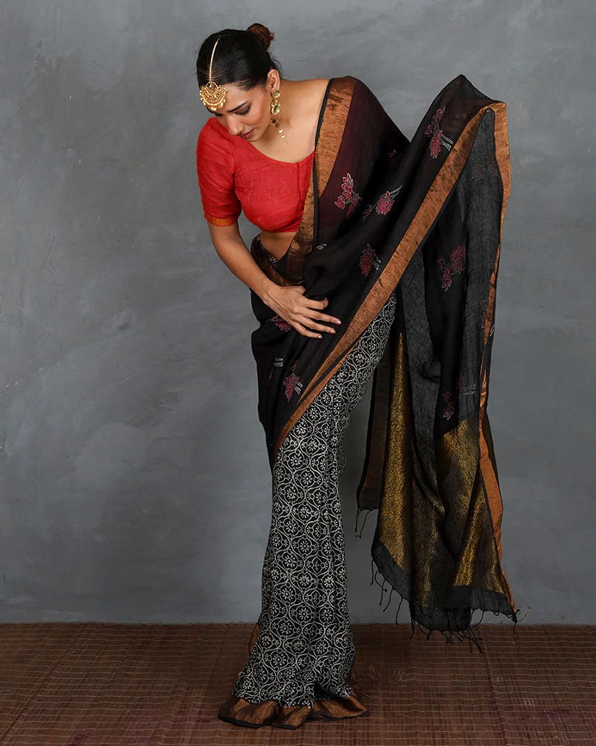 Tejasvi Black Handblock Linen Saree - TARA - Image 6