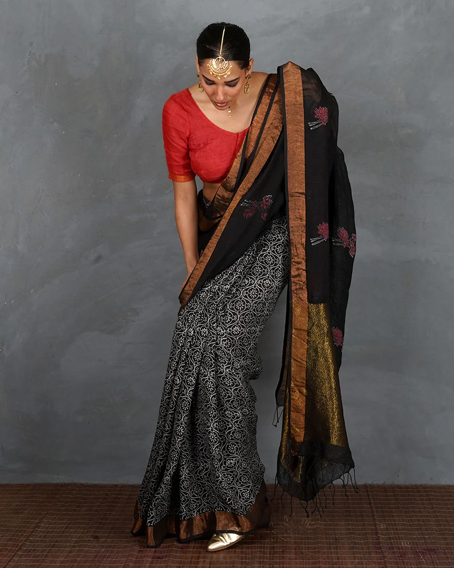 Tejasvi Black Handblock Linen Saree - TARA - Image 8