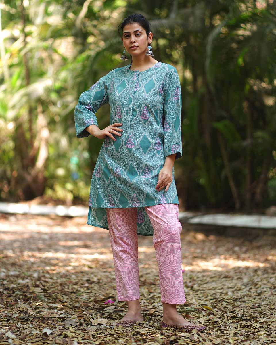Tenderness of Tulips Teal Green Block Printed Kurti - MMG