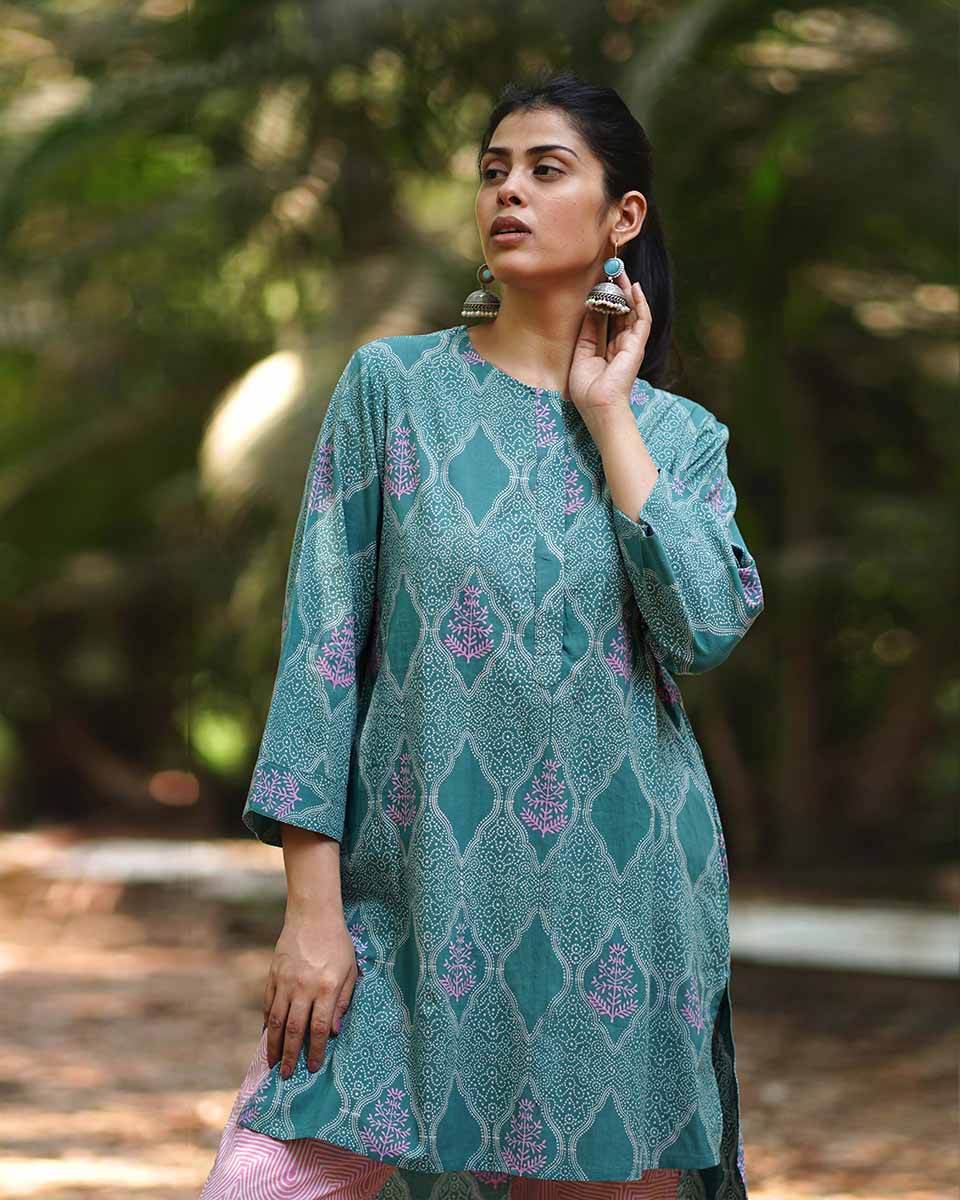 Tenderness of Tulips Teal Green Block Printed Kurti - MMG - Image 2