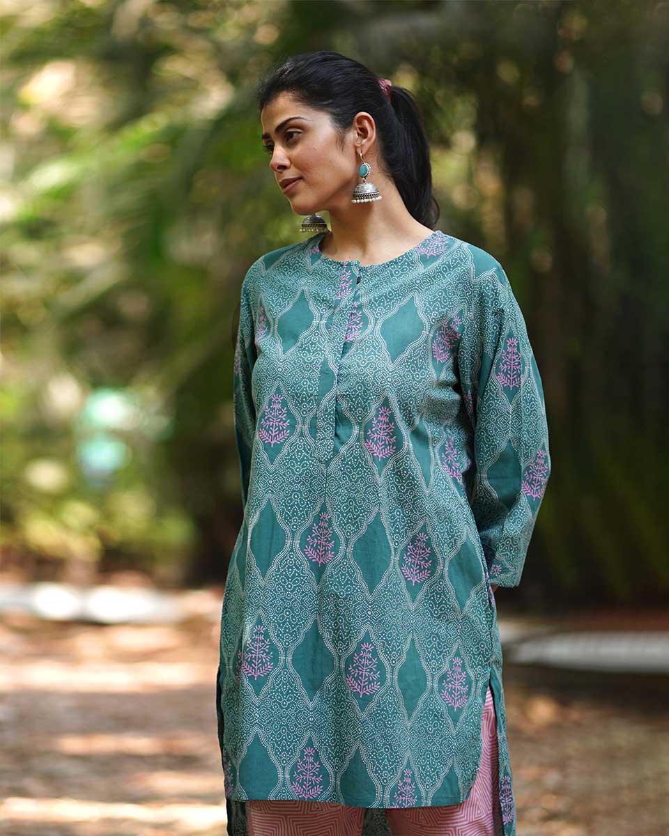 Tenderness of Tulips Teal Green Block Printed Kurti - MMG - Image 4