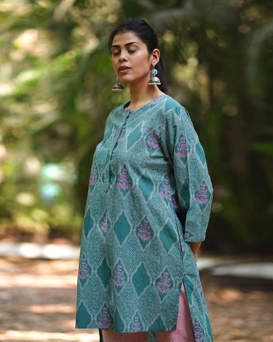 Tenderness of Tulips Teal Green Block Printed Kurti - MMG - Image 7