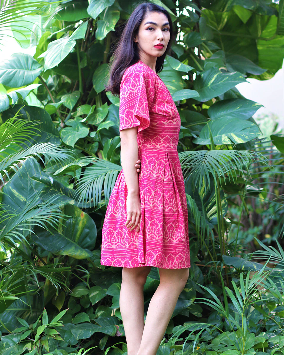 Tranquil Pink Block Printed Cotton Pleated Dress - Fursat - Image 3